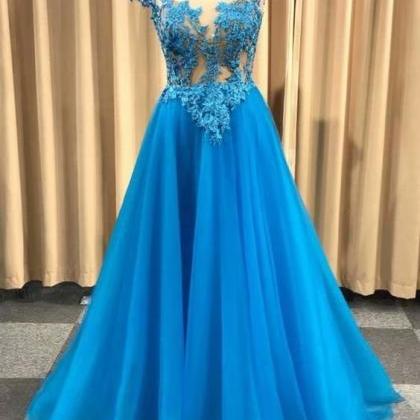 Sexy Blue Beaded Lace Applique Evening Dresses..