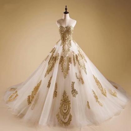 Gold Applique Ball Gown Wedding Dresses Sweetheart..