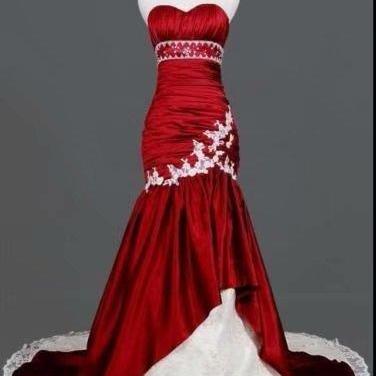 Red Mermaid Wedding Dresses Lace Taffeta..