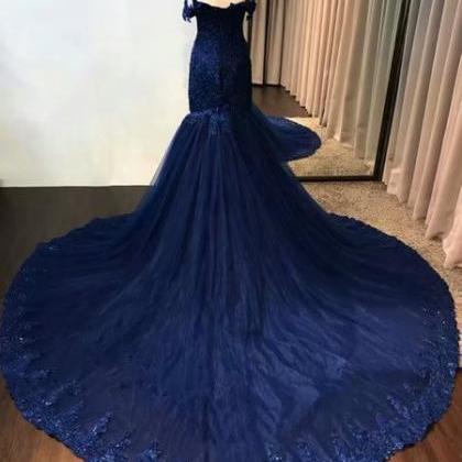 Sexy Off The Shoulder Navy Blue Prom Dresses 2019..