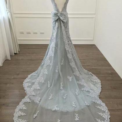 2019 Grey Long Prom Dresses Tulle Lace Appliques..