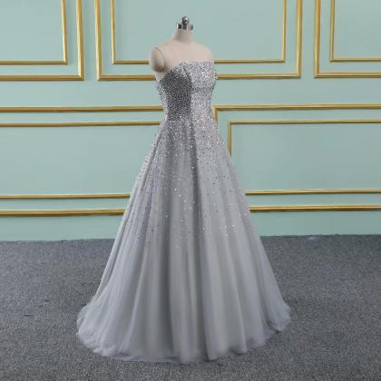 Sexy Grey Beading Prom Dresses 2019 Tulle Luxury..