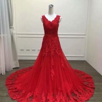 Sexy Red V Neck Long Prom Dresses 2019 Tulle..