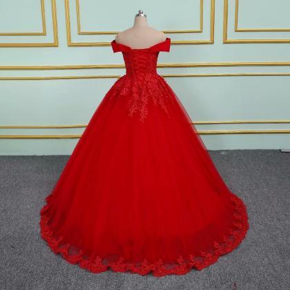 Red Long Prom Dresses 2019 Tulle Off The Shoulder..