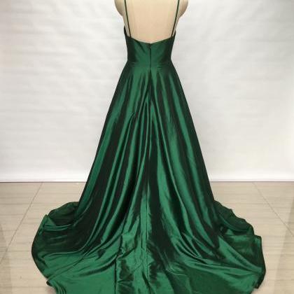 2019 Spaghetti Straps Dark Green Evening Dresses A..
