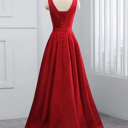 Fashion V Neck Red Evening Dresses With Pockets A..