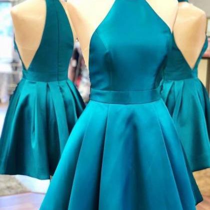 Halter Turquoise Satin Homecoming Dresses Simple..