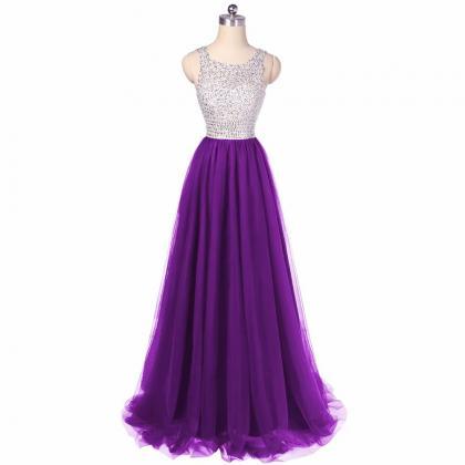 Beading Prom Dresses 2019 Scoop Neck Purple Tulle..