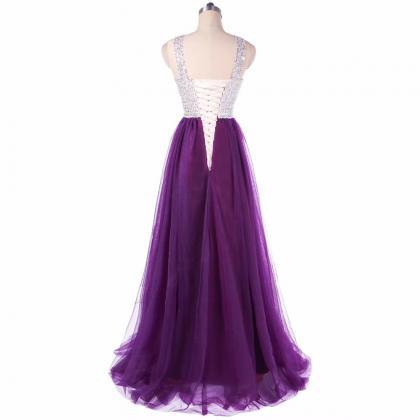 Beading Prom Dresses 2019 Scoop Neck Purple Tulle..