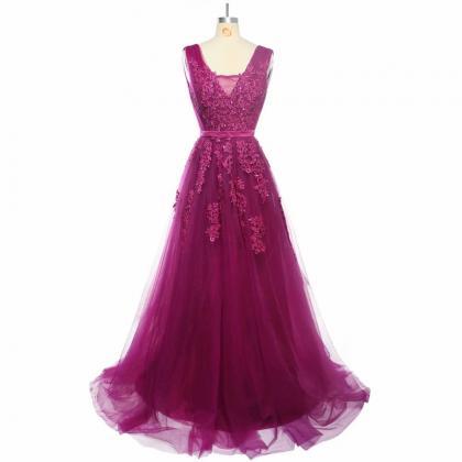 Lace Prom Dresses 2019 V Neck Fuschia Tulle Sweep..