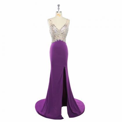 V Neck Sparkly Purple Prom Dresses 2019 Backless..
