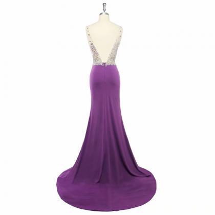 V Neck Sparkly Purple Prom Dresses 2019 Backless..