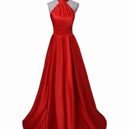 Halter Long Satin Red Prom Dress Floor Length..