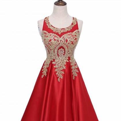 Red A-line Scoop Short Satin Lace Bodice..
