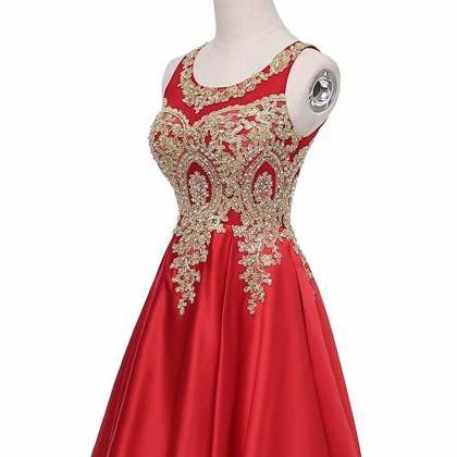 Red A-line Scoop Short Satin Lace Bodice..