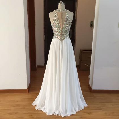 White Crystal Beaded Prom Dresses 2019 Fashion..