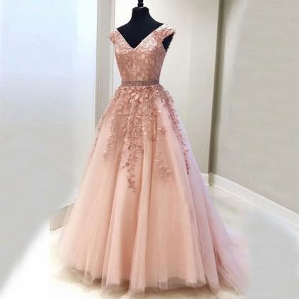 Women Dress Pink V Neck A-line Prom Dresses, Prom..