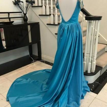 Sexy Backless Blue Prom Dresses 2019 Satin Deep V..