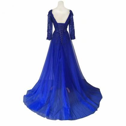 Long Neck Lace Applique Evening Dress 2019 Tulle..