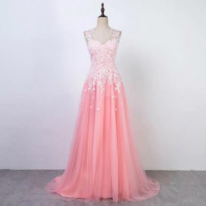 Pink Long Prom Dresses Lace Appliqu..