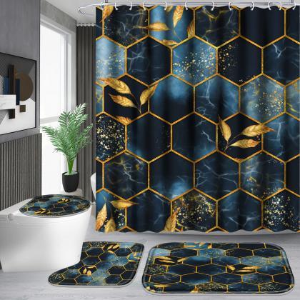 4 Pcs Green Marble Shower Curtain Set With Rug..