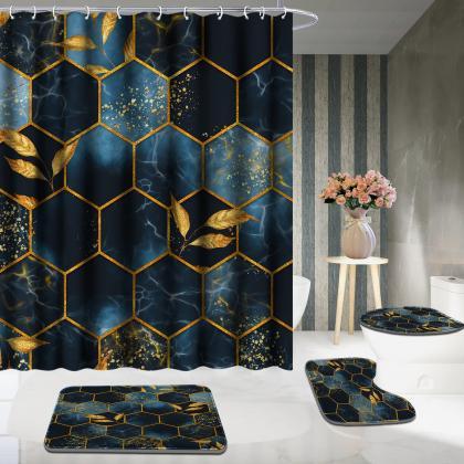 4 Pcs Green Marble Shower Curtain Set With Rug..