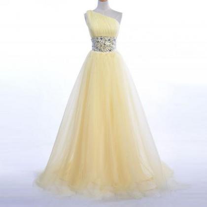 One Shoulder Yellow Evening Dress Prom Dresses..