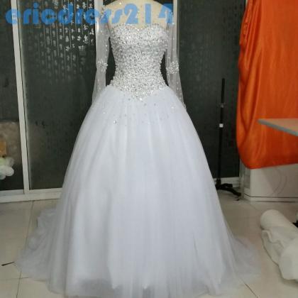 Luxury Crystal White Wedding Dress ,long Sleeve..
