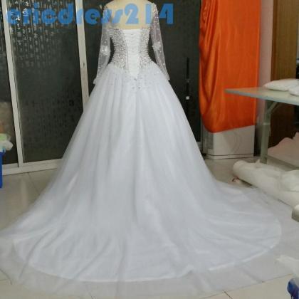 Luxury Crystal White Wedding Dress ,long Sleeve..