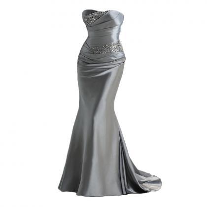 2019 Silver Gray Prom Dresses,long Satin Prom..