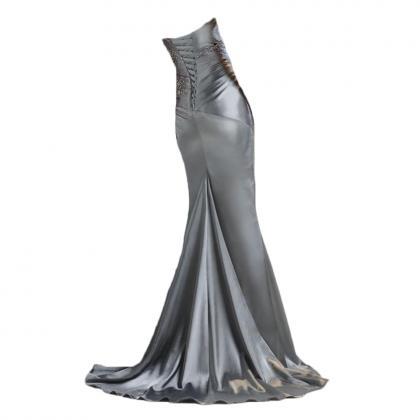2019 Silver Gray Prom Dresses,long Satin Prom..