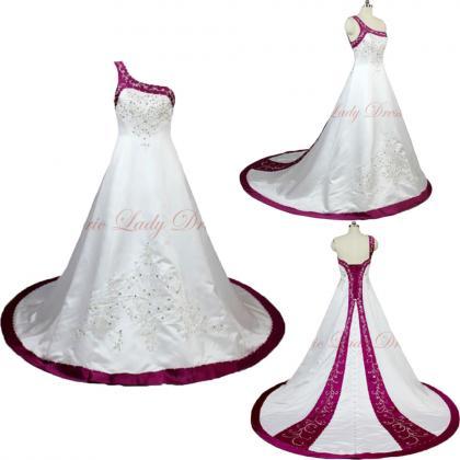 2015 Wedding Dresses,white And Fuschia Embroidery..