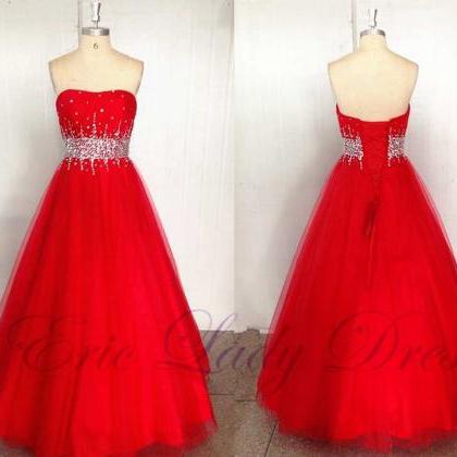 Long Red Evening Dresses Beaded Sweetheart Tulle..