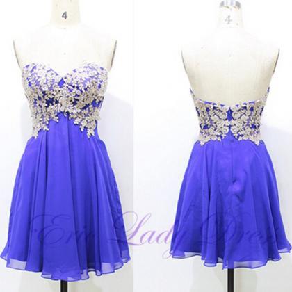 Short Blue Evening Dresses With Lace Appliques..