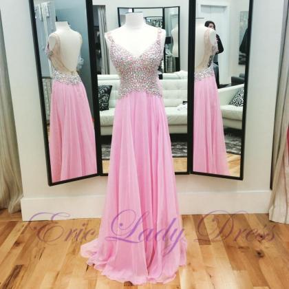 Long Pink V Neck Evening Dresses Beaded Chiffon..