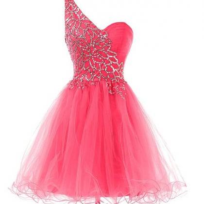 Luxury Pink Beaded One Shoulder Mini Prom Dresses..