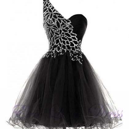 Luxury Black Beaded One Shoulder Mini Prom Dresses..