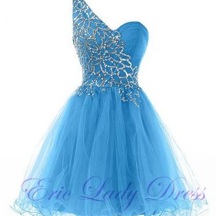 Luxury Blue Beaded One Shoulder Mini Prom Dresses..