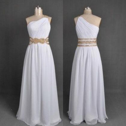 Chiffon Floor Length Strapless One Shoulder White Prom Dress , Party ...