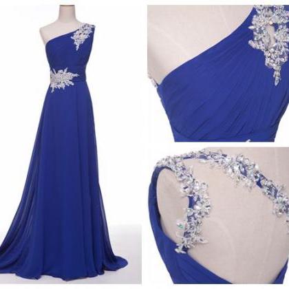 One Shoulder Blue Bridesmaid Dress,floor Length A..