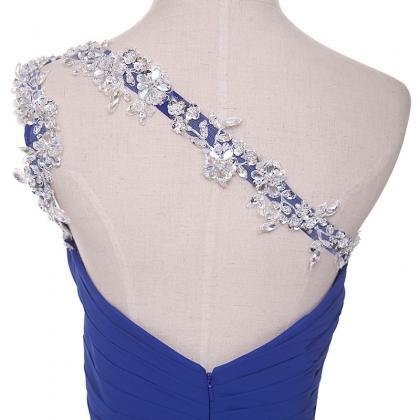 One Shoulder Blue Bridesmaid Dress,floor Length A..