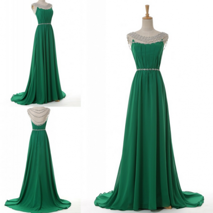 Prom Dress,green Prom Dress,sheer Neck Chiffon..