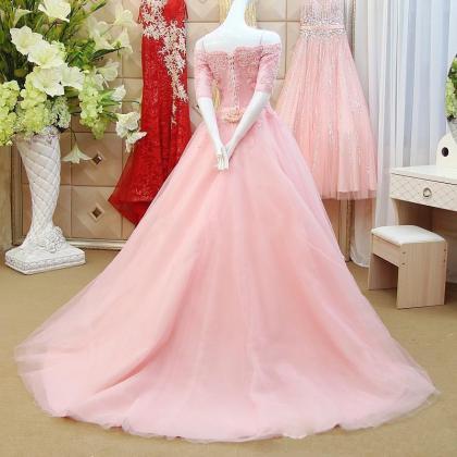 Elegant Long Pink Prom Dresses Sexy Boat Neck Half..