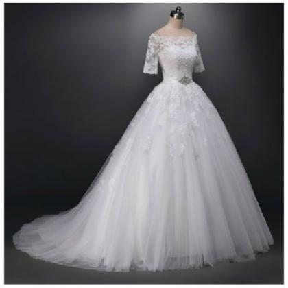 2016 Half Sleeve Wedding Dresses Floor Length Boat..