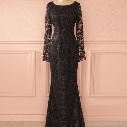 Prom Dress,black Prom Dress,long Sleeve Lace Prom..