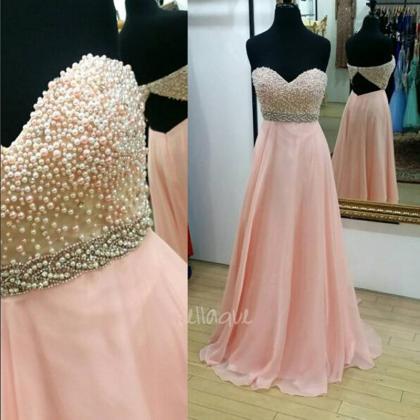 Pink Strapless Sweetheart Beaded A-line Chiffon..
