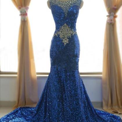 Fashion Royal Blue Prom Dresses Chapel Train Long..