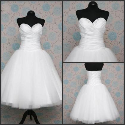 Sexy White Tulle Bridesmaid Dress,tea Length A..