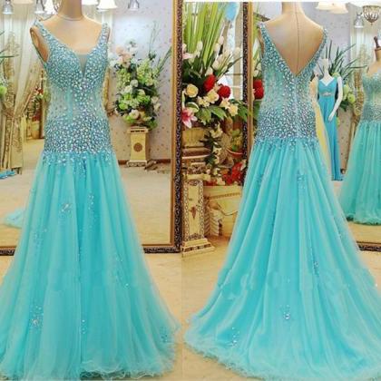 Luxury Crystal Blue Bridesmaid Dress,floor Length..