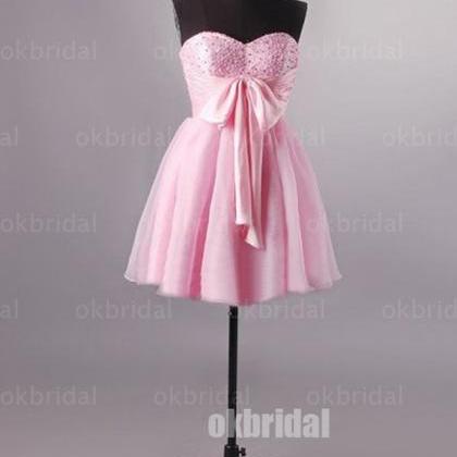 Handmade Cute A-line Short Pink Organza Prom Dress..